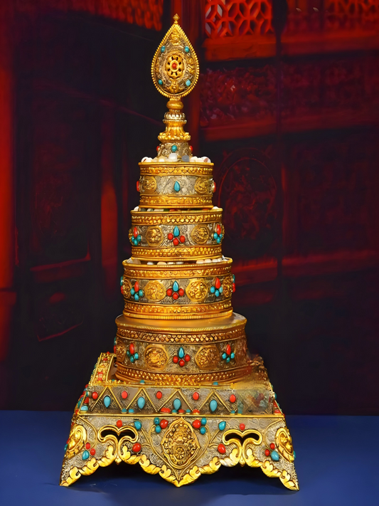 Handcrafted cloisonné gilded copper Mandala tray, Tibetan Buddhist sacrificial implement for ritual offerings and sacred altar display.