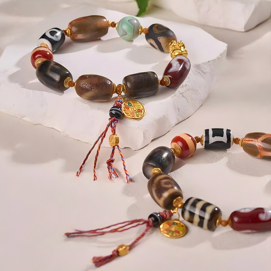 Exquisite multi-pattern natural agate Dzi jewelry, a spiritual artifact rooted in Tibetan Buddhist sacrificial implements culture for success.