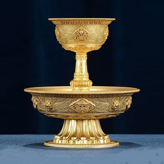 Tibetan Buddhist sacrificial implements culture: A majestic gilt bronze high-foot Dharmapala cup, showcasing traditional craftsmanship and Buddhist sacrificial items art