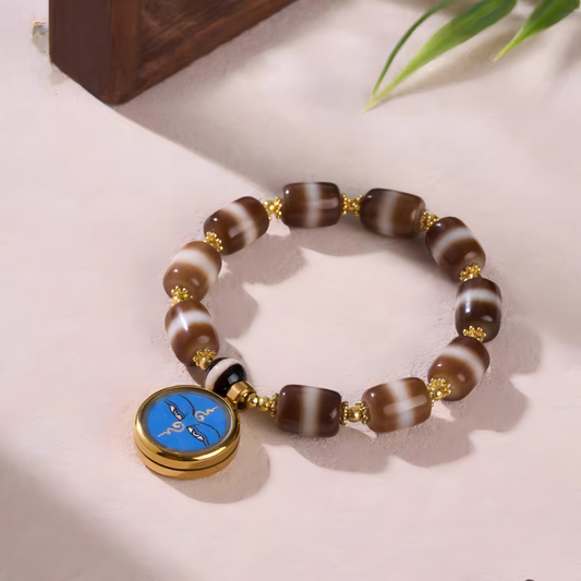 Handcrafted Medicine Buddha bead bracelet representing healing and protection in Buddhist sacrificial items art and ancient traditions.