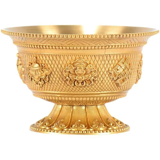Tibetan Buddhist sacrificial implements culture: A set of pure brass offering bowls for daily water ritual offerings on sacred altars.