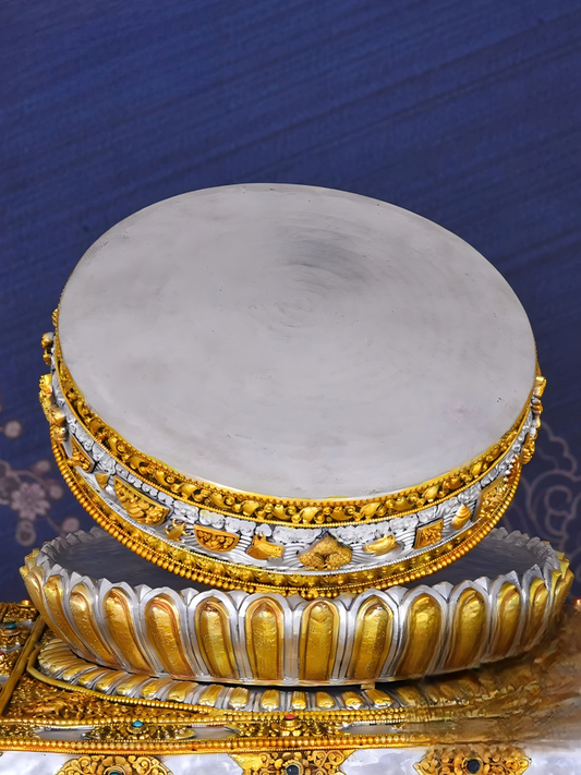 Large Nepal copper Mandala tray, gilded and gemstone-adorned, handmade Tibetan Buddhist sacrificial implement for ceremonial offerings.