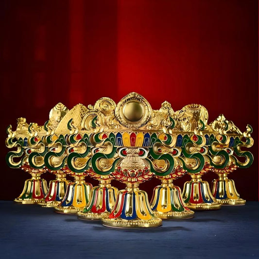Tibetan Buddhist sacrificial implements culture: Exquisite and colorful Eight Auspicious Signs, a masterful example of Buddhist sacrificial items art suitable for meditation rooms and spiritual gifting.