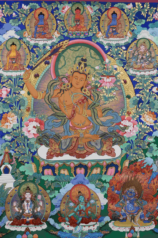 Hand-Painted Tibetan Buddhist Thangka: Manjushri Bodhisattva (Wisdom Deity) - Traditional Tibetan Art