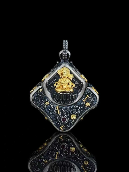 An ornate S925 silver Manjushri Vajrabhairava ritual medallion, demonstrating exquisite Tibetan Buddhist jewelry art and craftsmanship.
