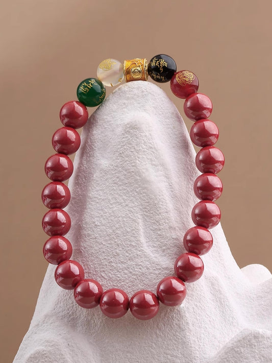 Sacred Cinnabar Mala handcrafted with natural agate beads and protective copper ornaments. This Tibetan Buddhist jewelry culture piece embodies traditional protection symbolism through authentic craftsmanship.