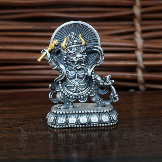 Handcrafted silver Yellow Jambhala and Green Tara pendant inspired by Tibetan Buddhist jewelry culture, symbolizing wealth and compassion.