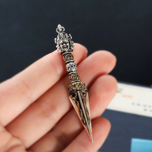 Tibetan Buddhist handcrafted 6.7cm Púbā Vajra pendant made of brass and white copper, a unique piece of jewelry art symbolizing strength and protection.