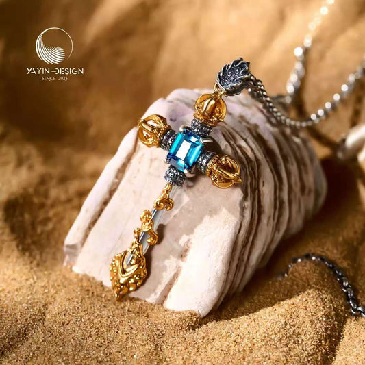 Handcrafted silver Manjushri sword pendant inspired by Tibetan Buddhist jewelry culture, symbolizing wisdom and clarity.