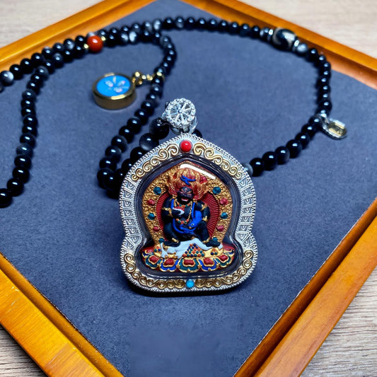 Tibetan Buddhist Jewelry Culture handmade Black Jambhala silver Gawu box necklace pendant with mineral pigment handpainted Tsa Tsa, Tibetan Buddhist jewelry art for wealth and protection