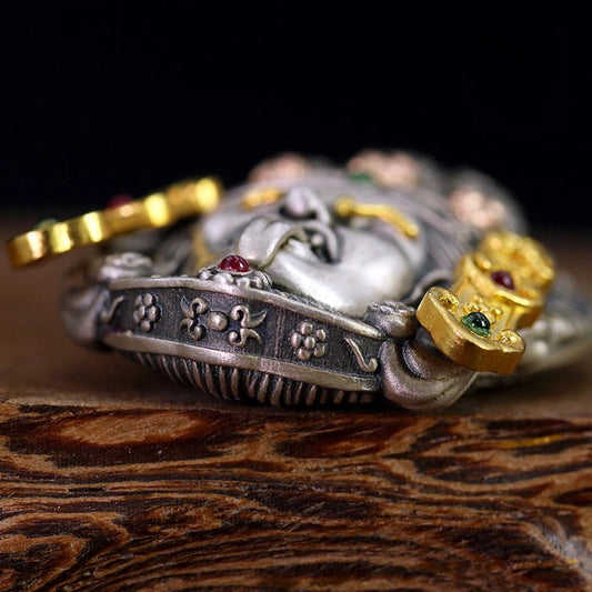 Handcrafted carved inlaid Zaki Lam Goddess of Wealth pendant necklace inspired by Tibetan Buddhist Jewelry Culture, symbolizing prosperity and spiritual strength