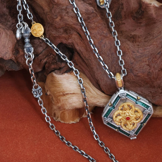 Handcrafted Five Wealth Gods pendant inspired by Tibetan Buddhist jewelry culture, symbolic jewelry art for prosperity and protection.