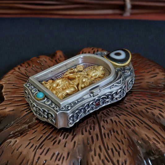 Handcrafted rotating Maitreya Buddha crown pendant inspired by Tibetan Buddhist Jewelry Culture