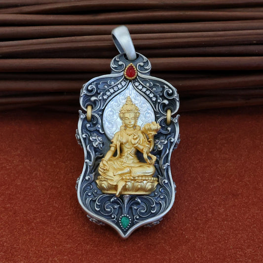Sacred Green Tara spinning pendant necklace designed with intricate carvings and inlaid stones, embodying Tibetan Buddhist Jewelry Culture
