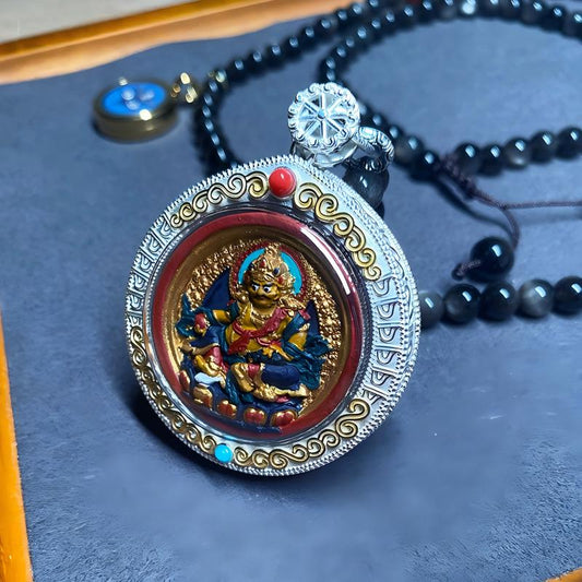 Tibetan Buddhist Jewelry Culture double-sided Yellow and Black Jambhala pendant with mineral pigment handpainted silver Gawu box, Tibetan Jewelry art for wealth and protection