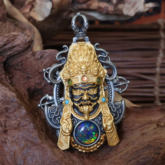 Handcrafted silver Zaki Lhamo pendant inspired by Tibetan Buddhist jewelry culture, symbolizing fortune, protection, and positive transformation.