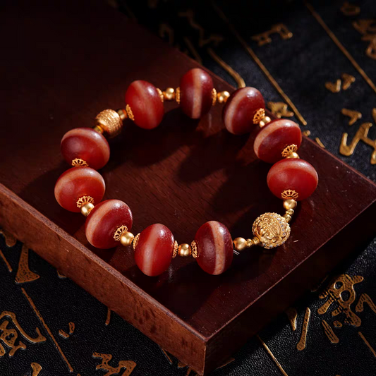 Handmade Tibetan Buddhist red coral Yakshi bead bracelet, showcasing authentic craftsmanship and the rich heritage of Tibetan jewelry culture.