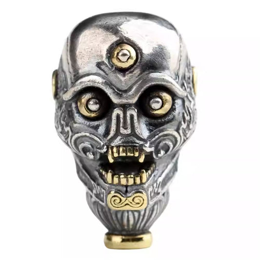 Handcrafted Tibetan Buddhist jewelry featuring a sterling silver Chitipati Buddha head three-connector, Jewelry art accessory for Vajra and Xingyue prayer beads bracelets