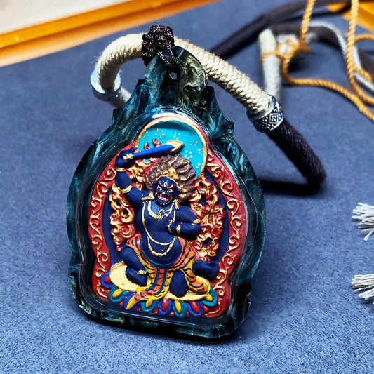Tibetan Buddhist Jewelry Culture handmade Fudo Myoo Gawu box necklace pendant with mineral pigment handpainted Tsa Tsa, Tibetan Buddhist jewelry art for protection and blessings
