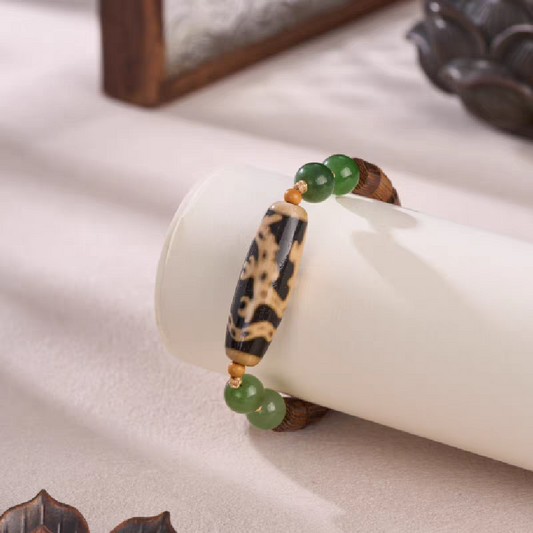 Handcrafted Tibetan Buddhist Guanyin riding dragon Dzi bracelet made of natural agate, spiritual jewelry art for protection and peace