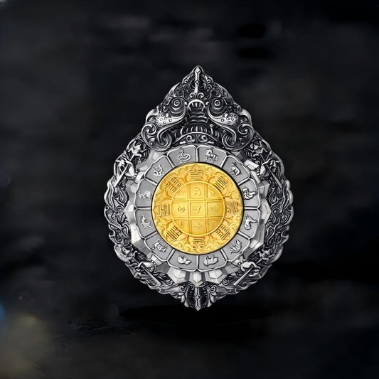 Tibetan Buddhist silver nine palace Bagua pendant, rotating design for protection and positive energy.