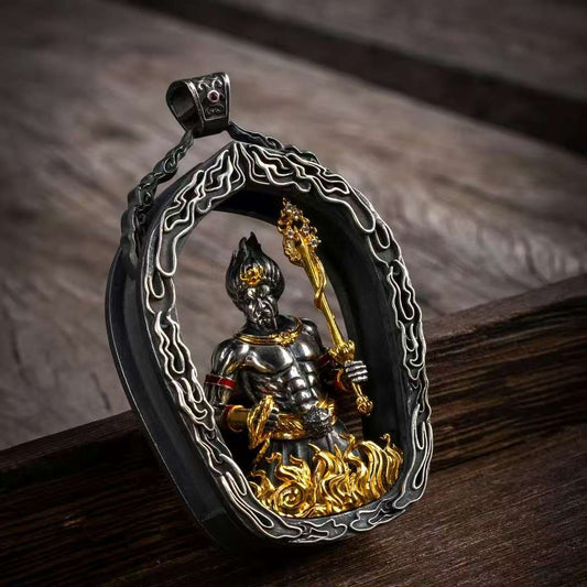 Handmade Acala guardian Gawu pendant from Tibetan Buddhist jewelry culture, powerful jewelry art for men.