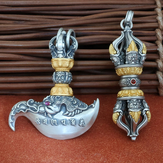 Vintage Tibetan silver Vajra Axe pendant, finely handcrafted jewelry art for spiritual strength and balance.
