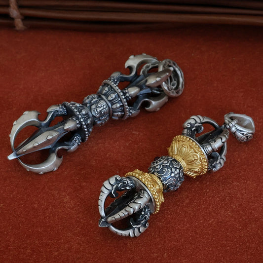 Tibetan Buddhist silver Vajra Dorje necklace, sacred jewelry art for removing obstacles and negative energy.