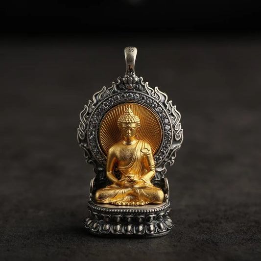 Hand-painted silver zodiac protector pendant with gilded details, Tibetan Buddhist jewelry culture spiritual necklace.