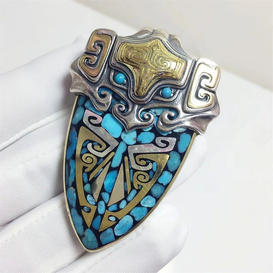 Hand-painted Taotie Shield necklace pendant, showcasing intricate Tibetan craftsmanship