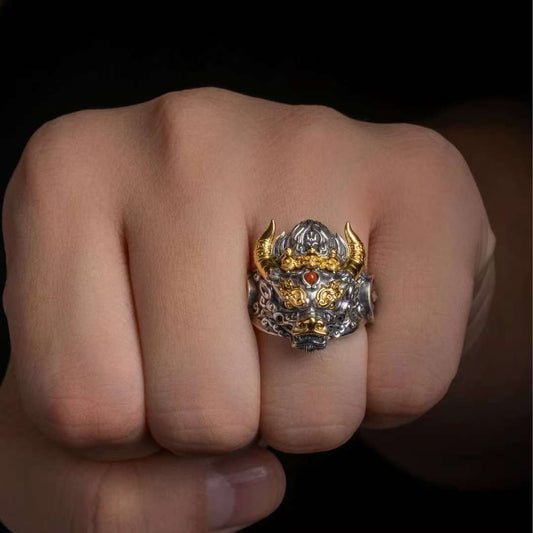 Handcrafted 925 silver Yamantaka ring inspired by Tibetan Buddhist jewelry culture, symbolizing protection and wisdom.