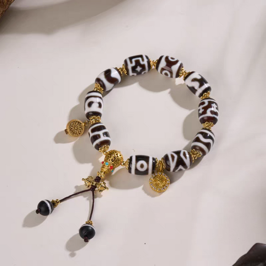 Tibetan Buddhist handcrafted agate barrel bead Dzi bracelet, black and white multi-bead jewelry symbolizing balance, luck, and spiritual energy