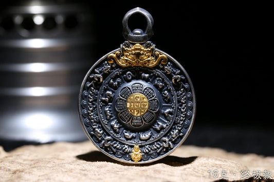 Sacred Nine Palace Bagua pendant necklace, meticulously hand-painted, embodying Tibetan Buddhist Jewelry art and spiritual protection