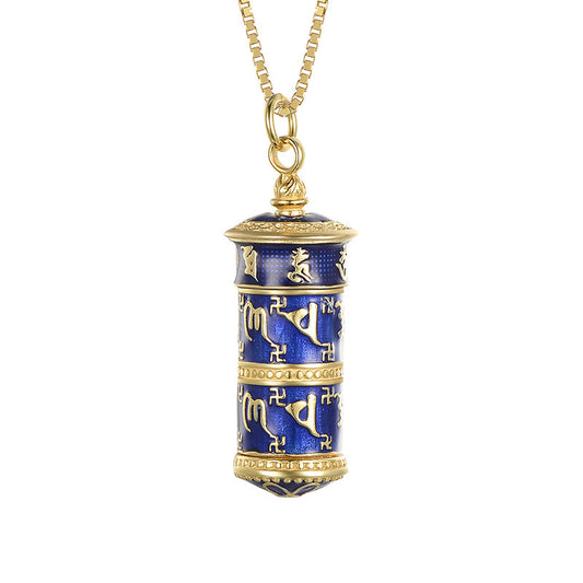 Tibetan Buddhist Jewelry Culture handcrafted S925 silver burnt blue perfume bottle pendant necklace, rotating gold cylinder Tibetan amulet clavicle chain, spiritual jewelry art for women