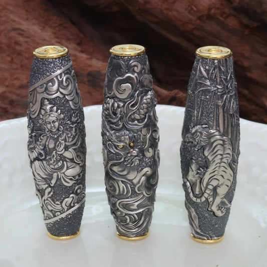 Handcrafted silver Green Tara pendant with dragon and tiger dzi, inspired by Tibetan Buddhist jewelry culture and sacred jewelry art.