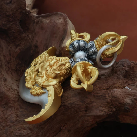 Tibetan Buddhist silver vajra axe pendant, hand-carved jewelry art for spiritual protection and daily wear.