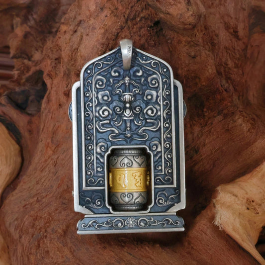 Handcrafted silver Six-Word Mantra Western Trinity pendant inspired by Tibetan Buddhist jewelry culture, symbolizing protection and blessings.