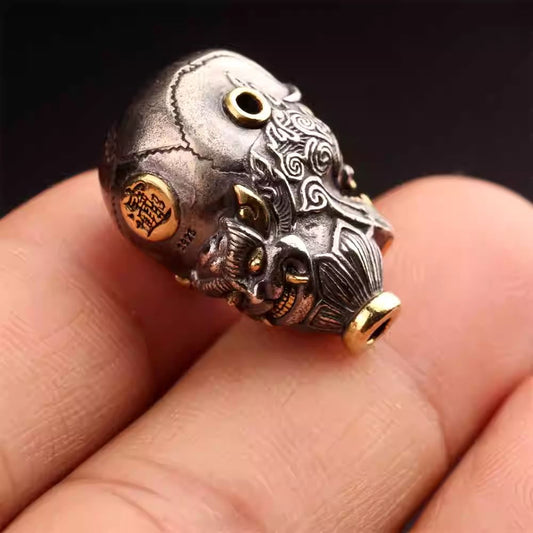 Tibetan handmade sterling silver Chitipati three-way Buddha head connector, Tibetan Buddhist Jewelry Culture inspired Jewelry art component for Vajra Xingyue mala bracelets