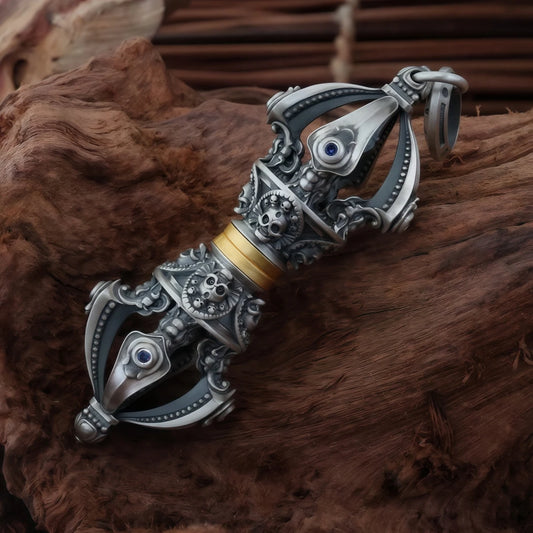 Sacred Five-Pronged Vajra pendant with beads, representing power and wisdom in Tibetan Buddhist Jewelry art, hand-painted and handcrafted