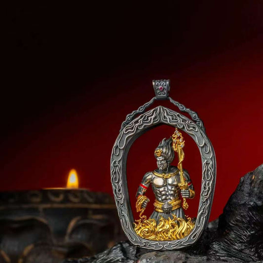 Hand-painted Acala Gawu pendant inspired by Tibetan Buddhist jewelry culture, symbolizing protection and inner strength.