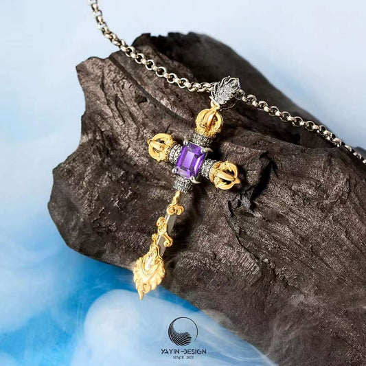 Hand-painted cross Manjushri sword pendant in Tibetan Buddhist jewelry culture, refined jewelry art for protection.