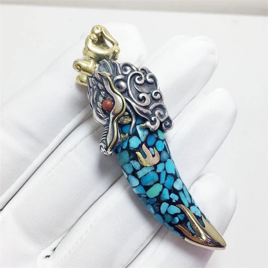 Handmade silver dragon tooth pendant rooted in Tibetan Buddhist jewelry culture, powerful jewelry art amulet.