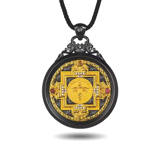 Handmade silver dual mandala Buddhist pendant, sacred jewelry art rooted in Tibetan Buddhist jewelry culture.