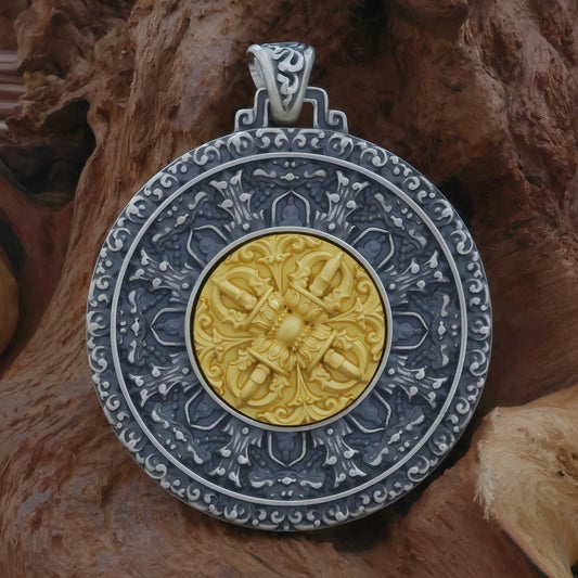 Handmade Tibetan Buddhist silver mandala pendant, jewelry art representing harmony, protection, and turning luck.