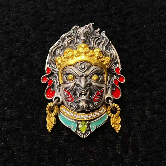 Handcrafted S925 silver horse head Mahakala pendant reflecting Tibetan Buddhist Jewelry Culture and intricate jewelry art design.