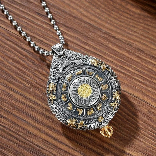 Tibetan Buddhist silver zodiac guardian Buddha pendant with rotating Bagua design for protection and balance.
