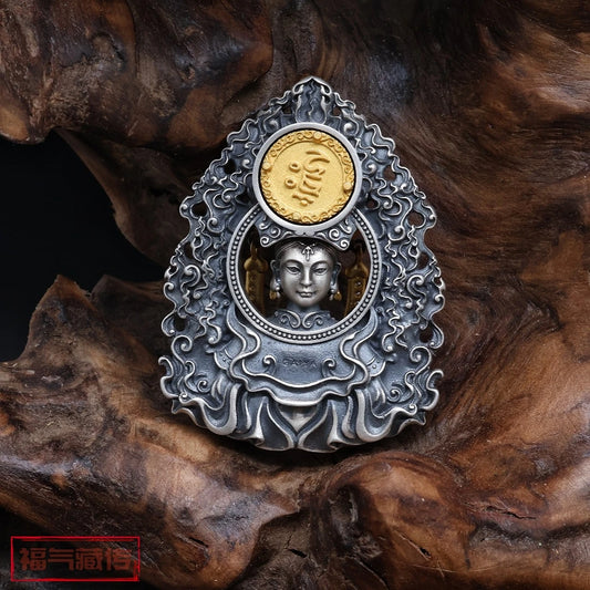 Tibetan Buddhist Zaki Lhamo destiny pendant in silver, meaningful jewelry art for protection and good fortune.