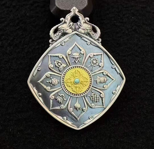 Tibetan Buddhist Jewelry Culture S925 Bagua amulet pendant featuring refined inlay work and symbolic back pattern for energy protection.