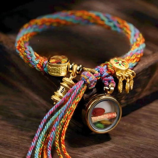 Handwoven Tibetan Buddhist zodiac guardian thangka bracelet with spiritual protection