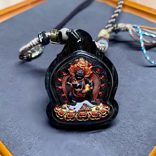 Tibetan Buddhist Jewelry Culture Tibetan Buddhist Black Jambhala multicolor Tsa Tsa amulet pendant, handcrafted mineral pigment jewelry art necklace